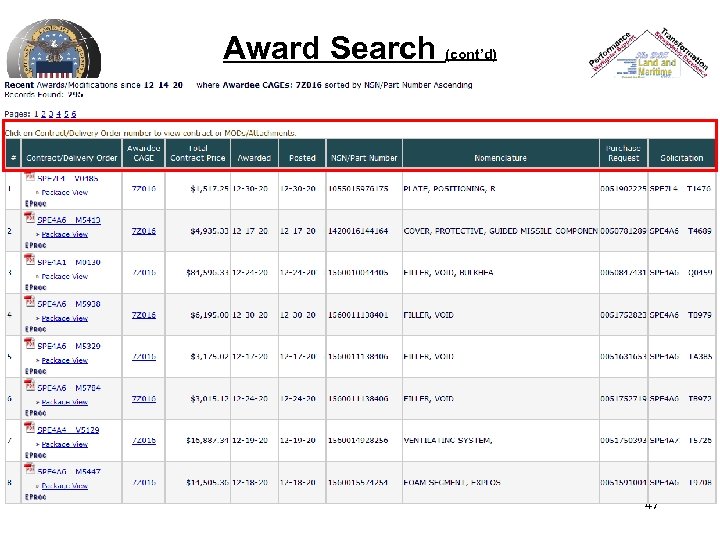 Award Search (cont’d) 47 
