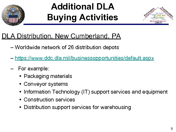 Additional DLA Buying Activities DLA Distribution, New Cumberland, PA – Worldwide network of 26