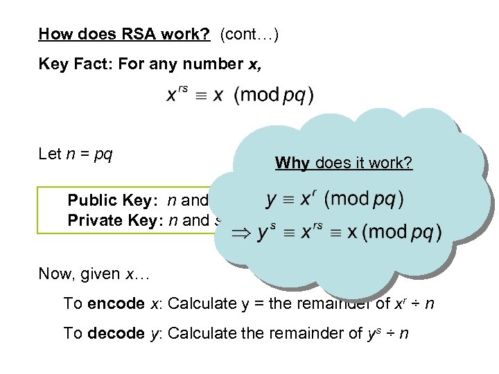 How does RSA work? (cont…) Key Fact: For any number x, Let n =