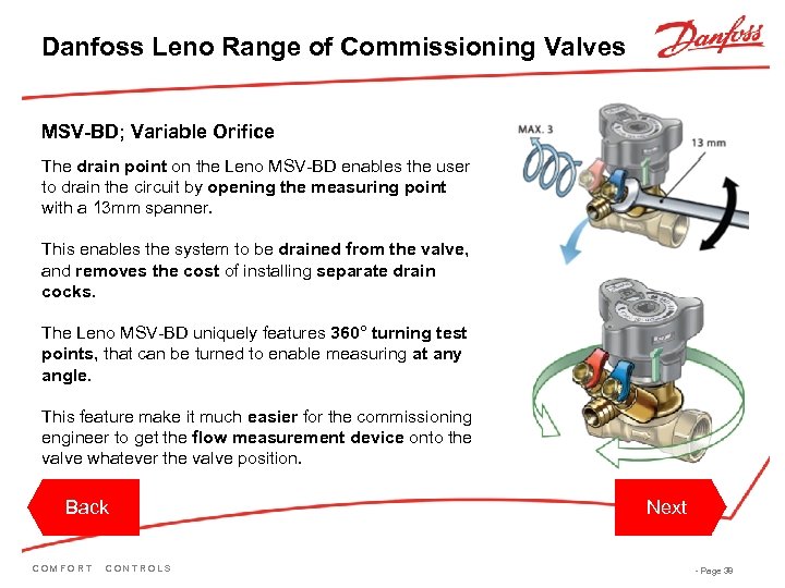 Danfoss Leno Range of Commissioning Valves MSV-BD; Variable Orifice The drain point on the