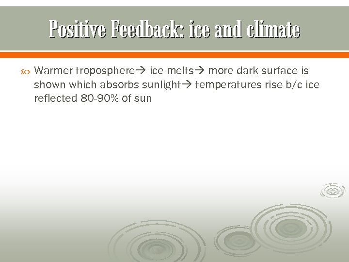 Positive Feedback: ice and climate Warmer troposphere ice melts more dark surface is shown