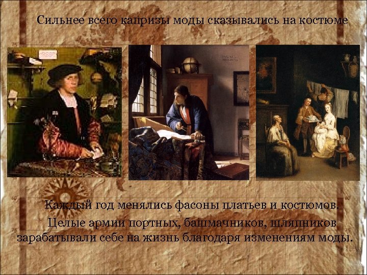 Сильнее всего капризы моды сказывались на костюме Каждый год менялись фасоны платьев и костюмов.