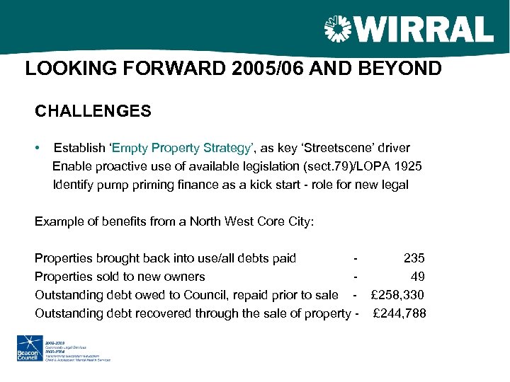LOOKING FORWARD 2005/06 AND BEYOND CHALLENGES • Establish ‘Empty Property Strategy’, as key ‘Streetscene’