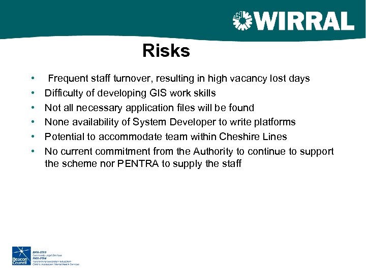 Risks • • • Frequent staff turnover, resulting in high vacancy lost days Difficulty