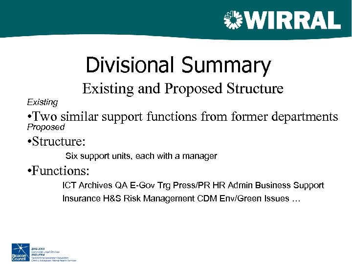 Divisional Summary Existing and Proposed Structure Existing • Two similar support functions from former