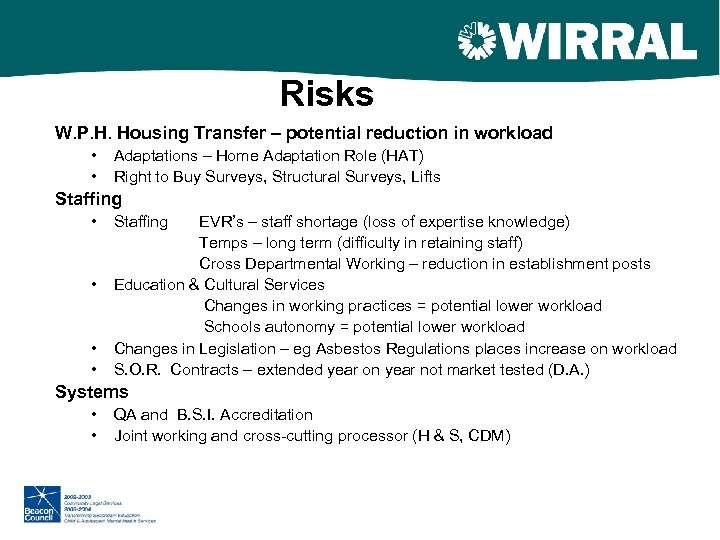 Risks W. P. H. Housing Transfer – potential reduction in workload • • Adaptations