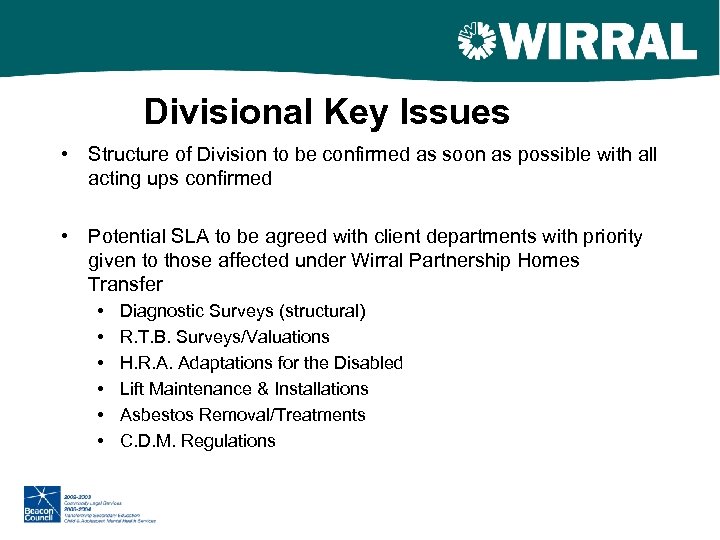 Divisional Key Issues • Structure of Division to be confirmed as soon as possible