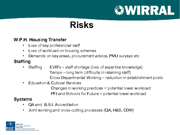 Risks W. P. H. Housing Transfer • • • Loss of key professional staff