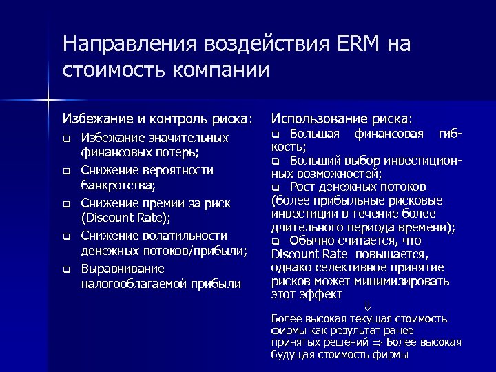 Направления воздействия ERM на стоимость компании Избежание и контроль риска: q q q Избежание