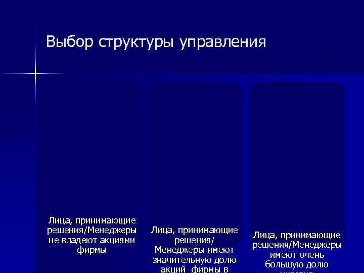 Выбор структуры управления Лица, принимающие решения/Менеджеры не владеют акциями фирмы Лица, принимающие решения/ Менеджеры