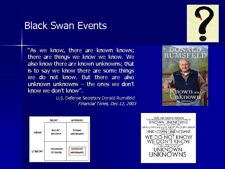Black Swan Events “As we know, there are known knows; there are things we