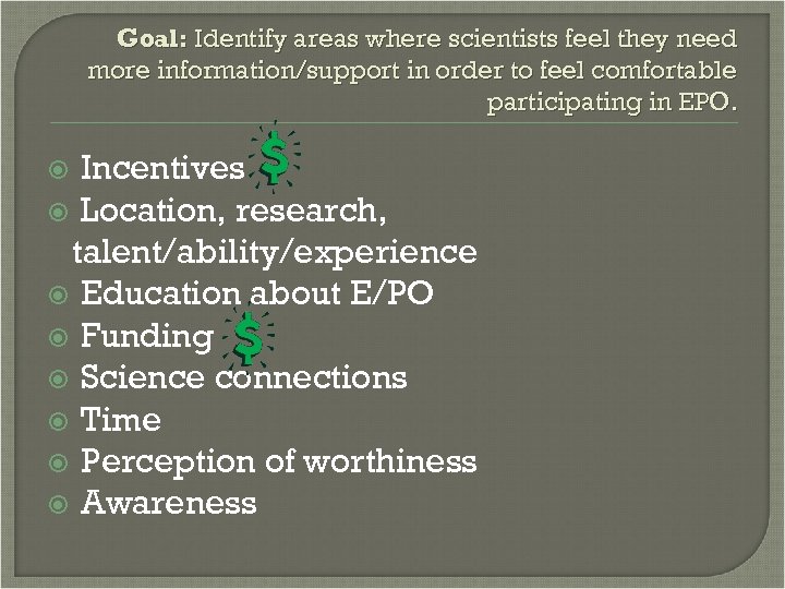 Goal: Identify areas where scientists feel they need more information/support in order to feel