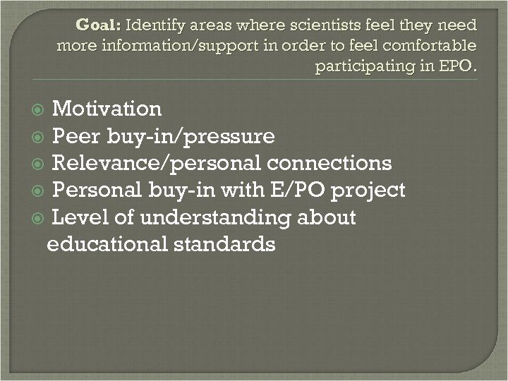 Goal: Identify areas where scientists feel they need more information/support in order to feel