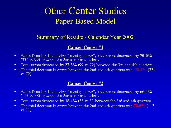 Other Center Studies Paper-Based Model Summary of Results - Calendar Year 2002 Cancer Center