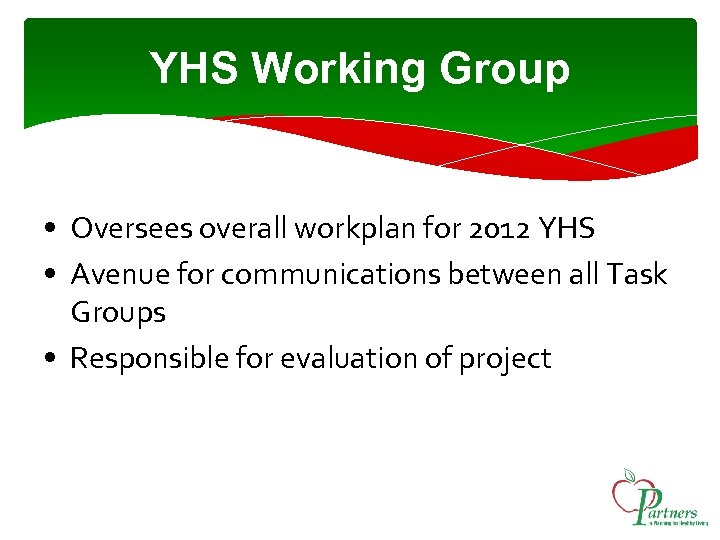 YHS Working Group • Oversees overall workplan for 2012 YHS • Avenue for communications