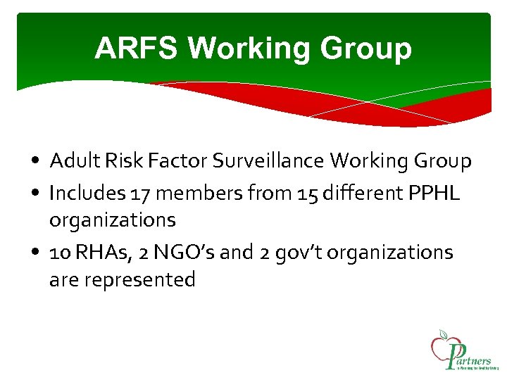 ARFS Working Group • Adult Risk Factor Surveillance Working Group • Includes 17 members