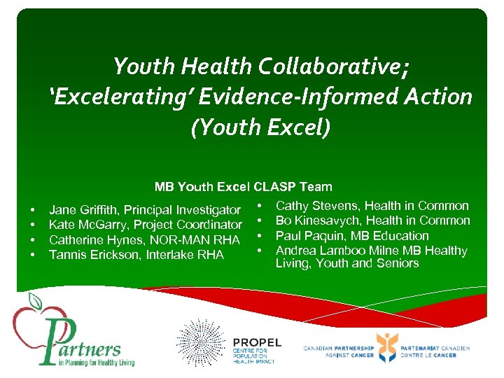 Youth Health Collaborative; ‘Excelerating’ Evidence-Informed Action (Youth Excel) • • MB Youth Excel CLASP