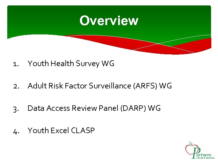 Overview 1. Youth Health Survey WG 2. Adult Risk Factor Surveillance (ARFS) WG 3.