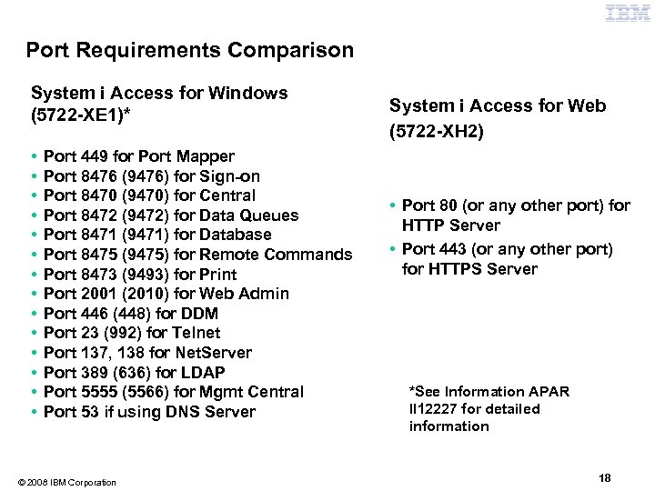 Port Requirements Comparison System i Access for Windows (5722 -XE 1)* • • •