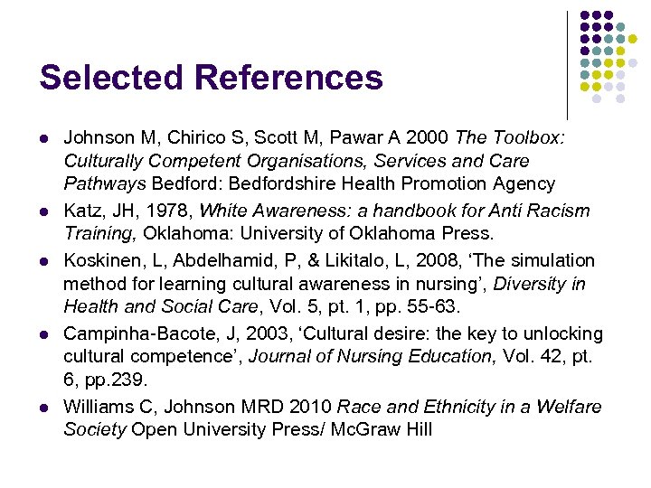 Selected References l l l Johnson M, Chirico S, Scott M, Pawar A 2000