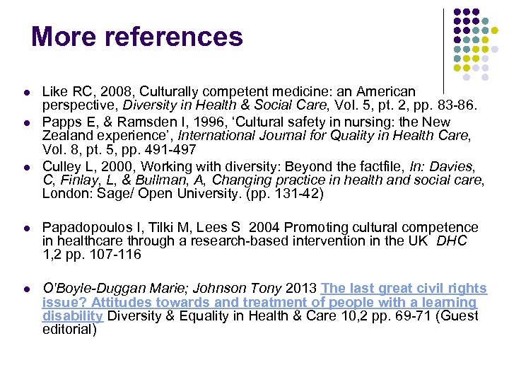 More references l l l Like RC, 2008, Culturally competent medicine: an American perspective,