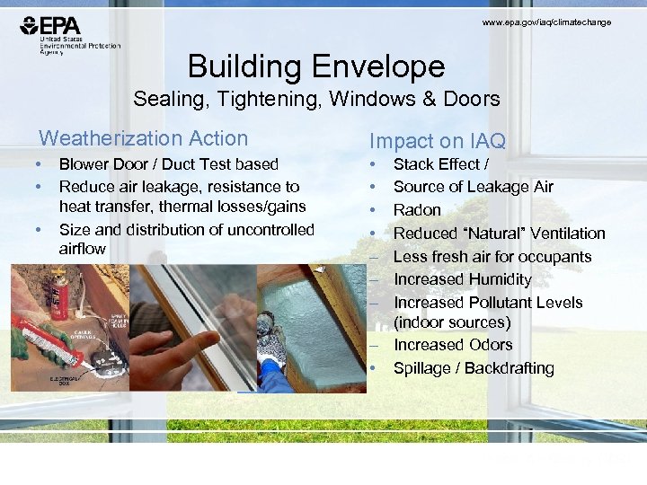 www. epa. gov/iaq/climatechange Building Envelope Sealing, Tightening, Windows & Doors Weatherization Action Impact on