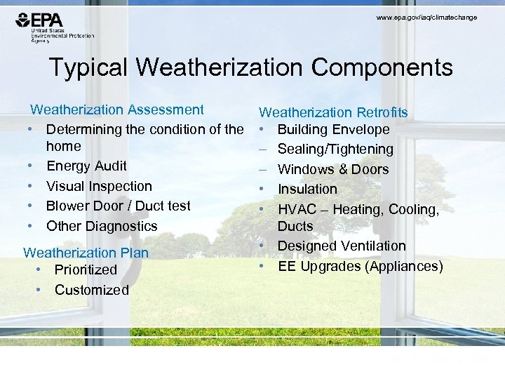 www. epa. gov/iaq/climatechange Typical Weatherization Components Weatherization Assessment • Determining the condition of the