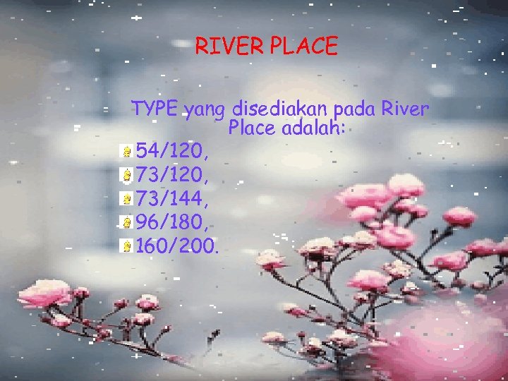 RIVER PLACE TYPE yang disediakan pada River Place adalah: 54/120, 73/144, 96/180, 160/200. 