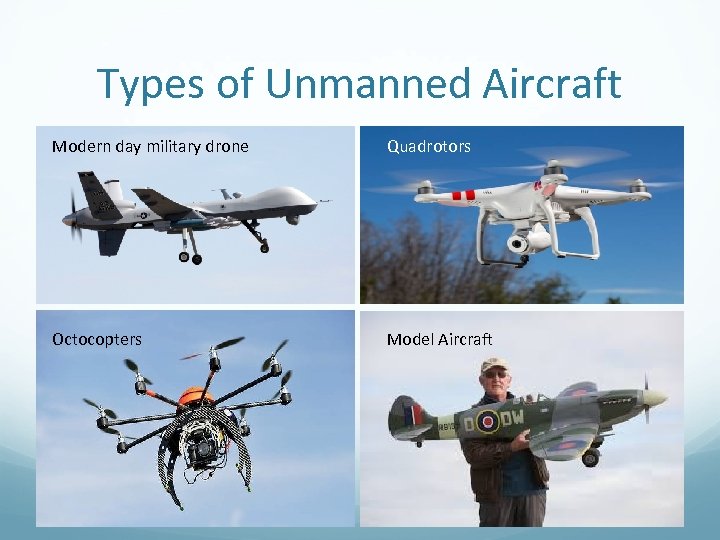 Types of Unmanned Aircraft Modern day military drone Quadrotors Octocopters Model Aircraft 