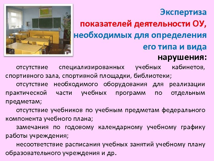 Экспертиза показателей деятельности ОУ, необходимых для определения его типа и вида нарушения: отсутствие специализированных