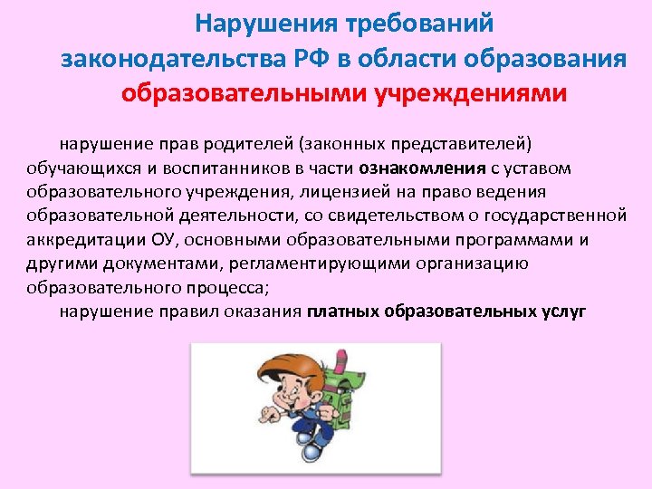Нарушения требований законодательства РФ в области образования образовательными учреждениями нарушение прав родителей (законных представителей)