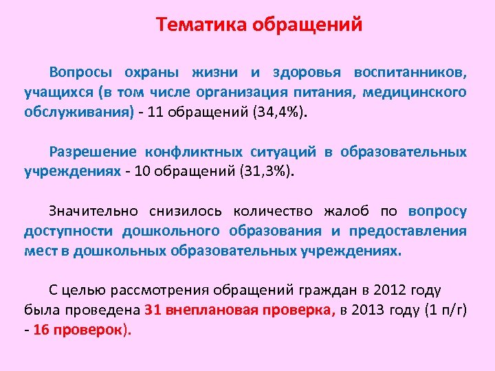 Тематика обращений Вопросы охраны жизни и здоровья воспитанников, учащихся (в том числе организация питания,