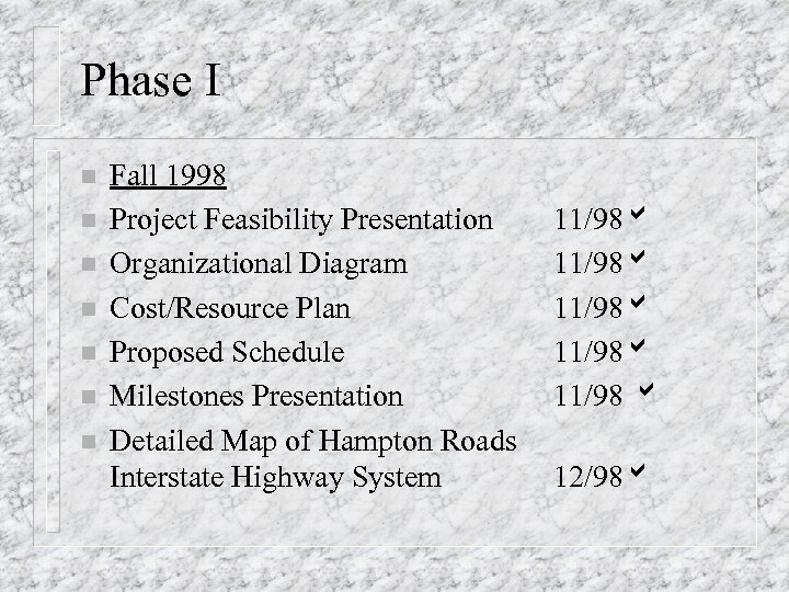 Phase I n n n n Fall 1998 Project Feasibility Presentation Organizational Diagram Cost/Resource