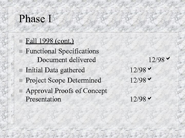 Phase I n n n Fall 1998 (cont. ) Functional Specifications Document delivered Initial