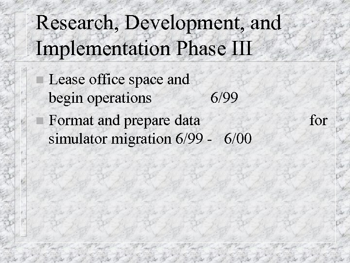 Research, Development, and Implementation Phase III Lease office space and begin operations 6/99 n
