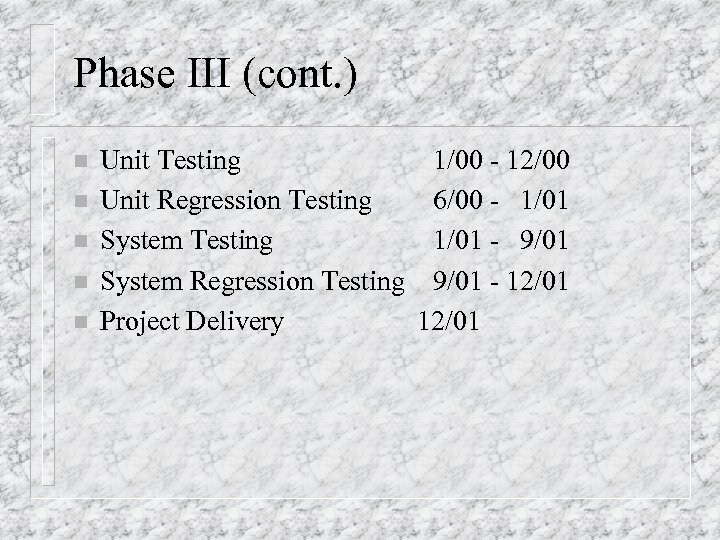 Phase III (cont. ) n n n Unit Testing 1/00 - 12/00 Unit Regression