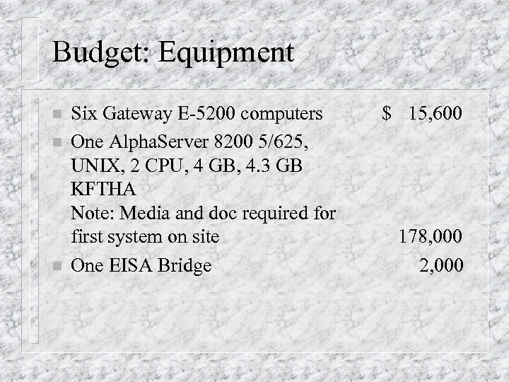 Budget: Equipment n n n Six Gateway E-5200 computers One Alpha. Server 8200 5/625,