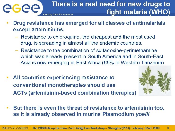 There is a real need for new drugs to fight malaria (WHO) Enabling Grids