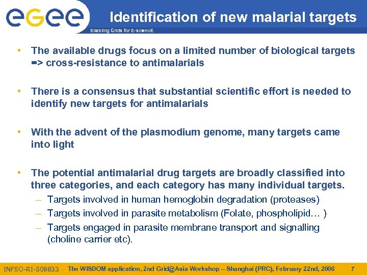 Identification of new malarial targets Enabling Grids for E-scienc. E • The available drugs