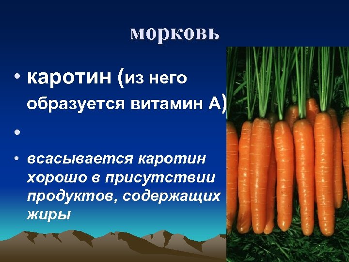 морковь • каротин (из него образуется витамин А) • • всасывается каротин хорошо в