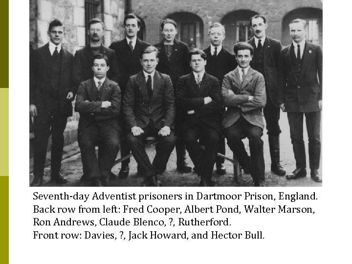 Seventh-day Adventist prisoners in Dartmoor Prison, England. Back row from left: Fred Cooper, Albert