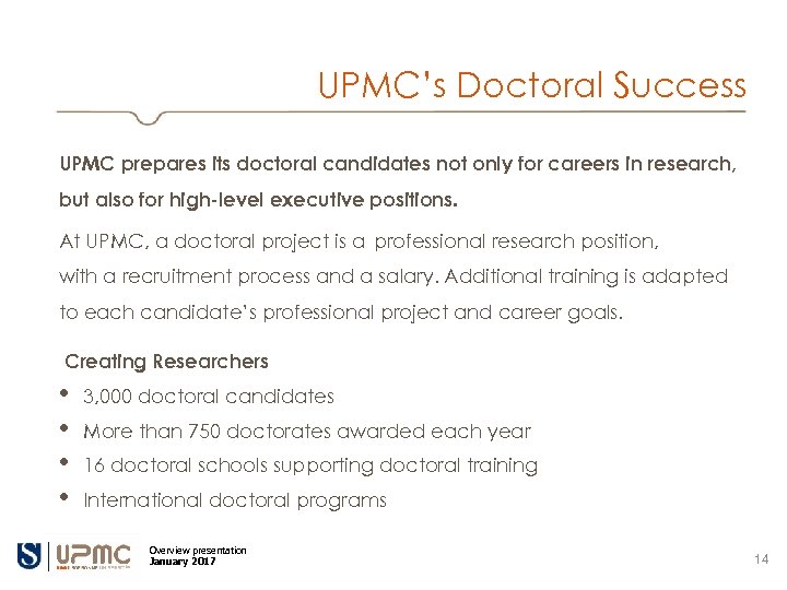 UPMC’s Doctoral Success UPMC prepares its doctoral candidates not only for careers in research,