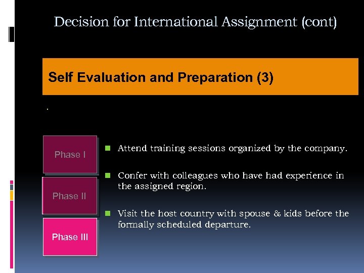 Decision for International Assignment (cont) Self Evaluation and Preparation (3). Phase I n Attend