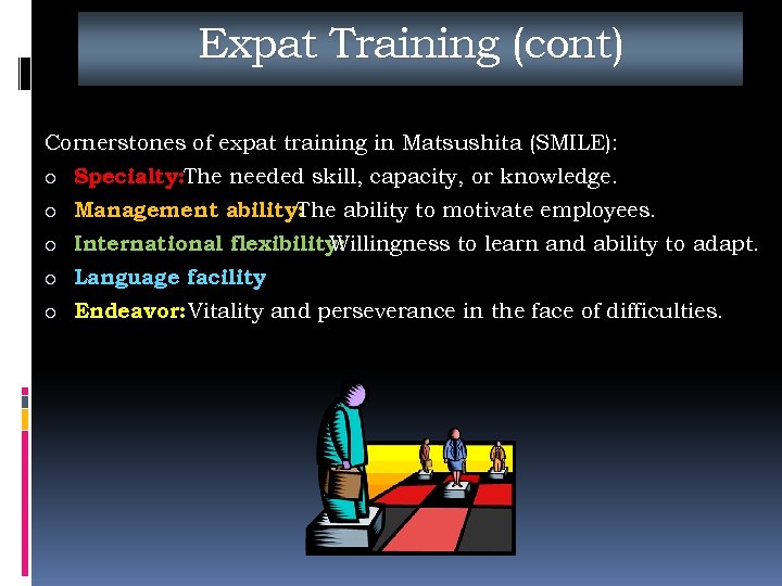 Expat Training (cont) Cornerstones of expat training in Matsushita (SMILE): o Specialty: The needed