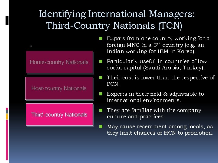 Identifying International Managers: Third-Country Nationals (TCN). Home-country Nationals n Expats from one country working