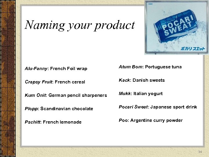 Naming your product Alu-Fanny: French Foil wrap Atum Bom: Portuguese tuna Crapsy Fruit: French