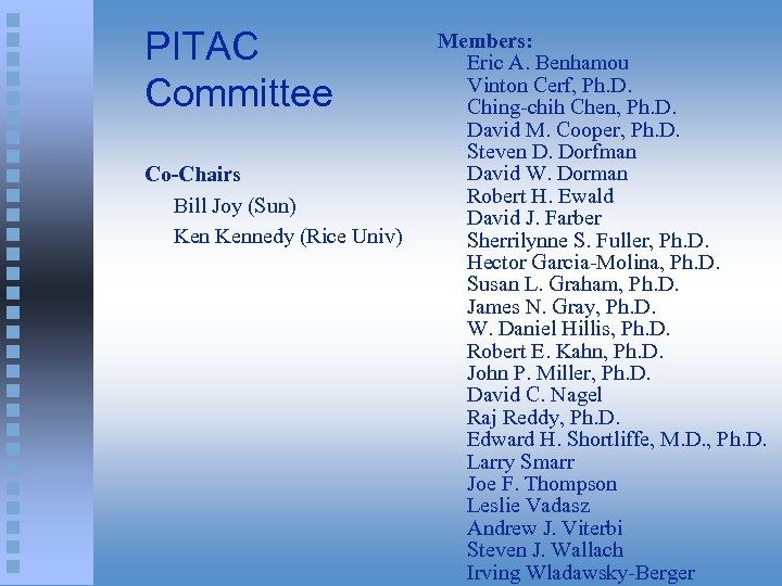 PITAC Committee Co-Chairs Bill Joy (Sun) Kennedy (Rice Univ) Members: Eric A. Benhamou Vinton