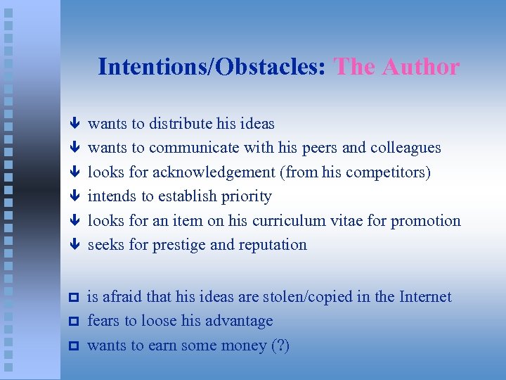 Intentions/Obstacles: The Author ê ê ê p p p wants to distribute his ideas