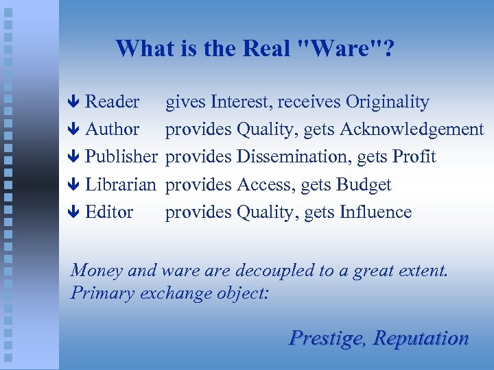 What is the Real "Ware"? Reader ê Author ê Publisher ê Librarian ê Editor