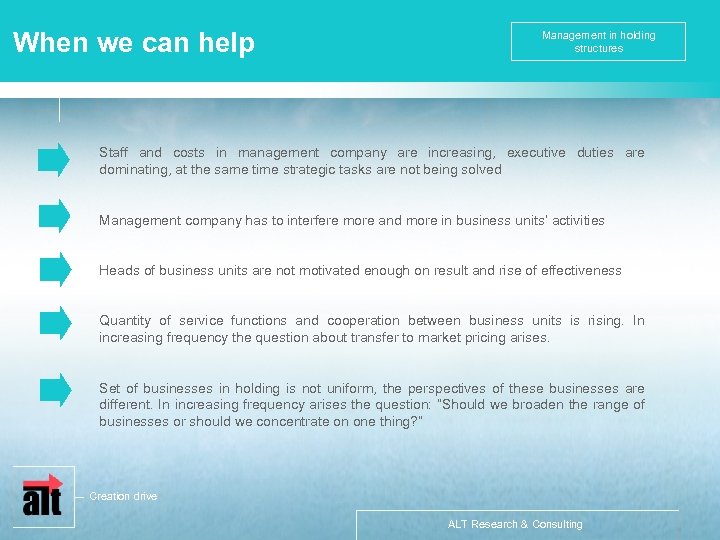 When we can help Management in holding structures Staff and costs in management company